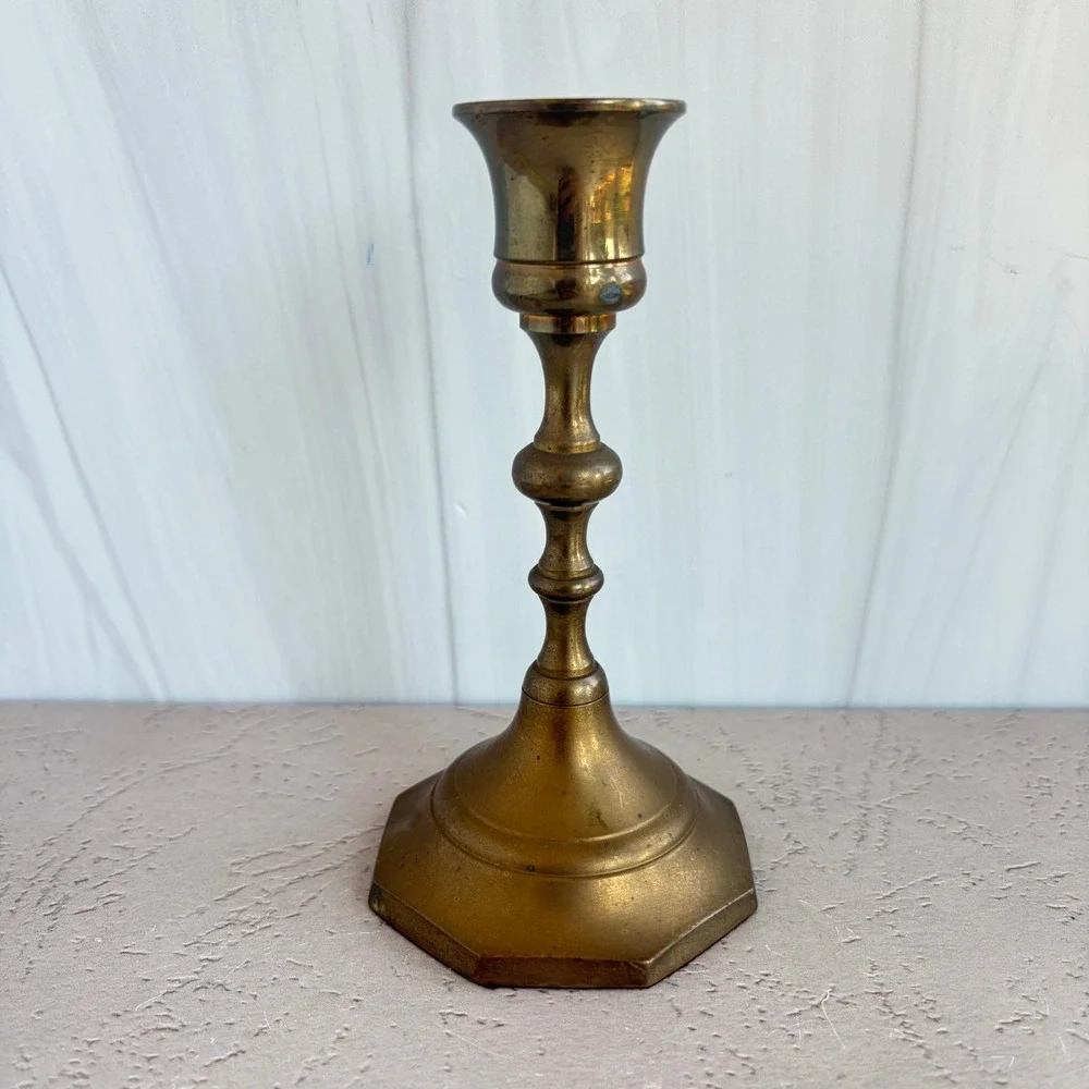 Vintage Solid Brass Candlestick Holders Pair Octagon Base Made in India 6 Inch